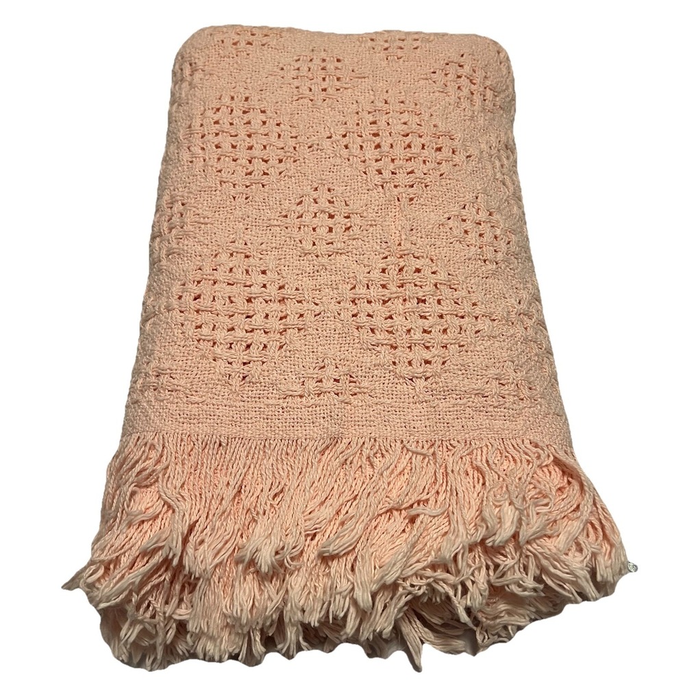 Vtg Fieldcrest‎ Diamond Knit Throw Fringe Baby Receiving Blanket Cotton 50"x60"